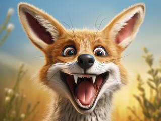 a cute and happy coyote with eyes wide open in cartoon style