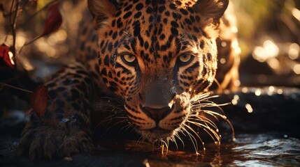 Extreme Close-up of African leopard in front face staring at camera - wildlife photography