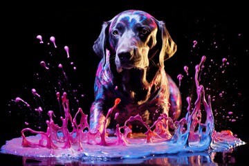 Perro travieso bañándose en pintura violeta y azul