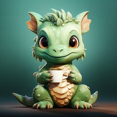Dragon with coffee, symbol of the new year with a drink, cute dinosaur illustration