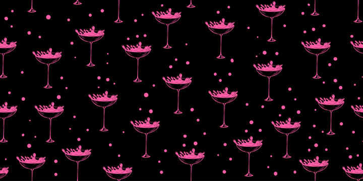 Seamless pattern with alcoholic and non-alcoholic summer cocktails. Background with glass of spilled cocktail. Pink tropical cocktails on black background. Splash drink.