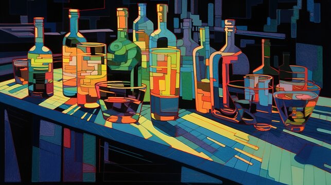 Colorful painting with several glass bottles and stemwares. Concept art. Illustration for cover, card, postcard, interior design, decor, invitations or print.