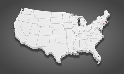 Rhode Island State Highlighted on the United States of America 3D map. 3D Illustration