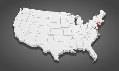 New Jersey State Highlighted on the United States of America 3D map. 3D Illustration
