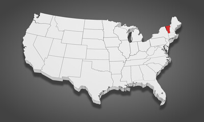 Vermont State Highlighted on the United States of America 3D map. 3D Illustration