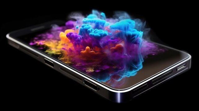 Colorful smoke coming out of modern smartphone. Modern screen design for mobile app and web. Technology illustration for advertising, marketing or presentation.