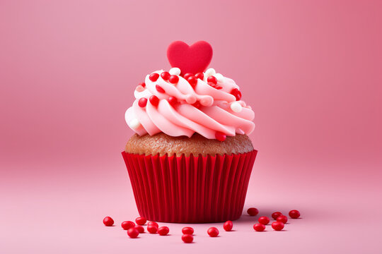 Creative cupcake for Valentine's Day, minimalism, high realism, bright background, reality, professional photography, balanced lighting
