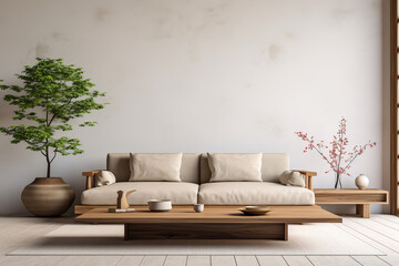 Minimalist living room with focus on sofa and coffee table in Japanese style, highly detailed photo realistic