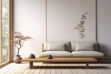 Minimalist living room with focus on sofa and coffee table in Japanese style, highly detailed photo realistic
