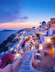 Picturesque evening landscape of Santorini island, Greece. White-washed houses by sunset - obrazy, fototapety, plakaty