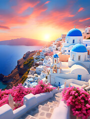 Beautiful sunset of picturesque Santorini island, Greece. Blue-domed churches and white-washed houses - obrazy, fototapety, plakaty
