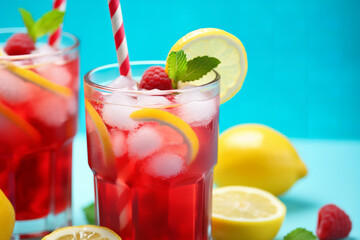 Subject photo, fresh cold raspberry lemonade in glasses with a straw, lemon slices, mint, ice, on a blue background, photorealism, sharpness, 