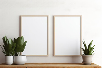 white wall with a wooden frame with white poster surrounded by plants and a frame mockup, in the style of precisionist style, minimalist grids, large-scale canvas, online sculpture