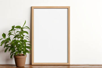 Fototapeta na wymiar white wall with a wooden frame with white poster surrounded by plants and a frame mockup, in the style of precisionist style, minimalist grids, large-scale canvas, online sculpture
