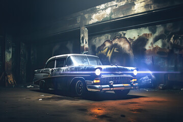 Retro old car in a grungy graffiti covered room	