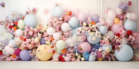 Balloon and Flower decorated on the wall, Birthday party decorations,  Multicolor balloons and flowers on pink background, generative Ai
