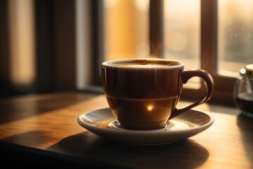 Obraz premium cup of coffee on table, sunrise