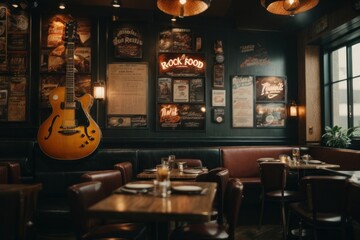 interior of a rock style restaurant, guitar on the wall