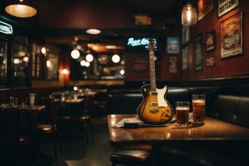 interior of a rock style restaurant, guitar on the wall
