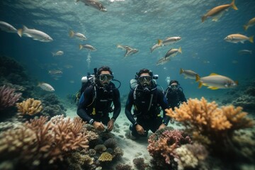 Fototapeta premium Fishy Encounter: Divers Amidst a Colorful Underwater Habitat