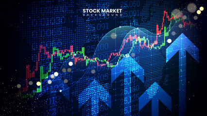 Successful stock market statistical information with up arrows. Financial yield curves, bond data, trading charts, and uptrend line candlestick graphs on a monitor