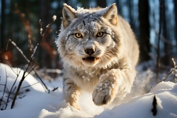 Naklejka premium A Canada Lynx gracefully leaping through a snowy forest clearing.