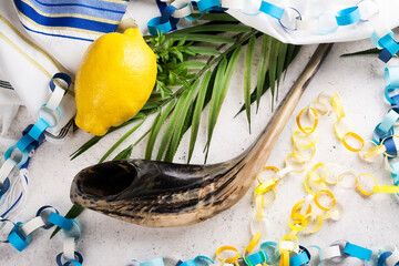 Jewish holiday Sukkot. Traditional symbols, citron, myrtle, branch of willow and palm branch....