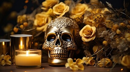Gold skull with candles and flowers - day of the dead