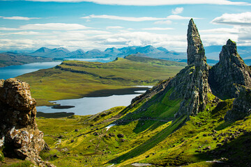The Old Man of Storr, The Storr, Trotternish on the Isle of Skye in Scotland overlooking the Sound...