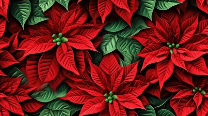 A closeup of the blossomed beautiful seamless red poinsettia flowers created with Generative AI technology.
