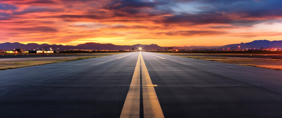 Sunset on an empty airport runway. Generative AI