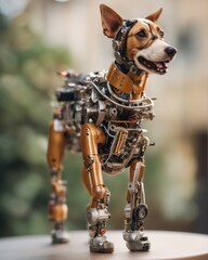Portrait of a dog on the street whose body has been completely replaced by robotic chip mechanisms