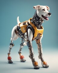 Portrait of a white labrador dog whose body has been replaced by a robot and mechanisms on a studio background
