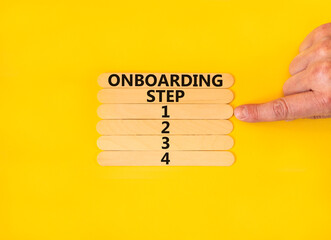 Time to step 1 onboarding symbol. Concept words Onboarding step 1 on wooden sticks. Businessman...