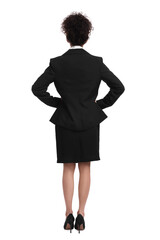 Businesswoman in suit on white background, back view