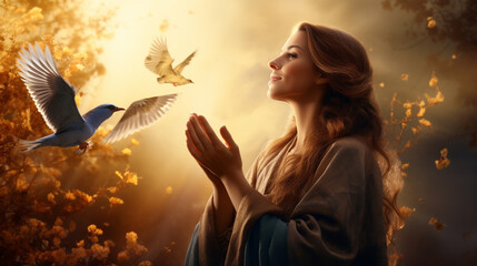 Portrait of smiling woman and cute bird praying and enjoying together in nature forest with beautiful sunlight sunset, Bird flying out of lady hand, Freedom lifestyle and hope concept, AI Generated - obrazy, fototapety, plakaty