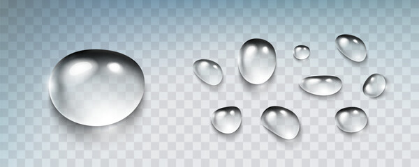 Water rain drop set isolated on transparent background. Realistic condense droplets collection. Vector clear bubbles, gel elements or dew templates.