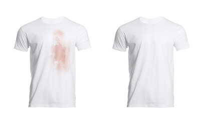 Collage with dirty and clean t-shirt isolated on white. Before and after washing