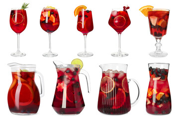 Set with tasty sangria in different glassware isolated on white