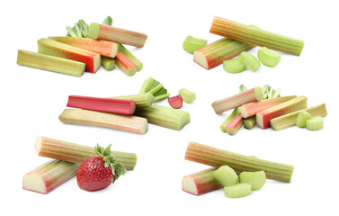 Set with fresh rhubarb stalks isolated on white