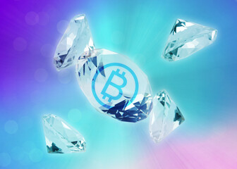 Shiny diamonds and one with bitcoin inside on color background