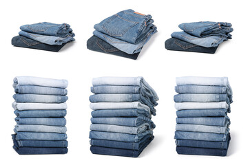 Set with folded different jeans on white background