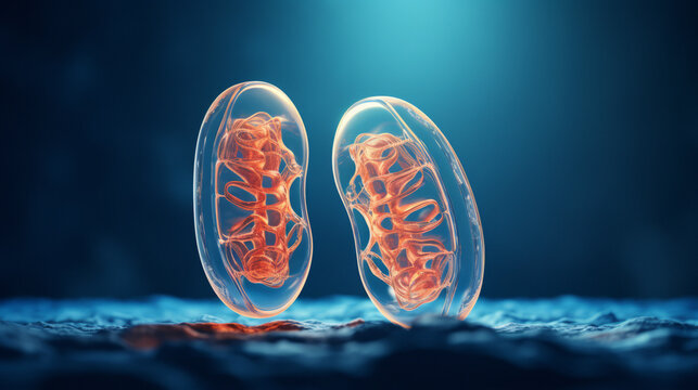 Beautiful models of mitochondria on a beautiful blue background. generative ai
