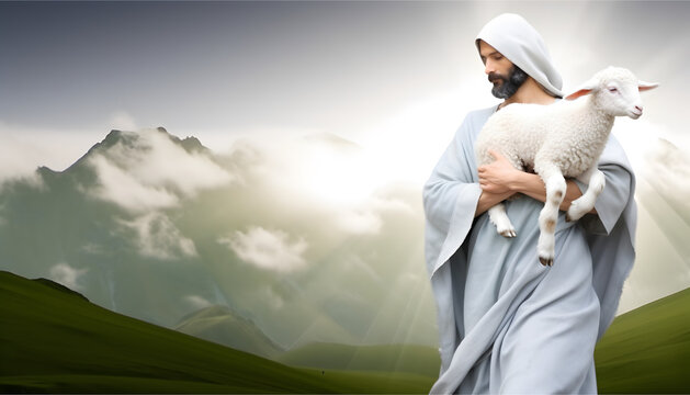 Jesus recovered the lost sheep carrying it in arms. Biblical story conceptual theme.