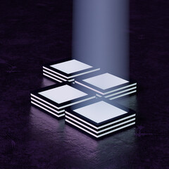 Conceptual 3D artwork of four light cubes emitting a bright light beam into the sky on dark violet metal surface