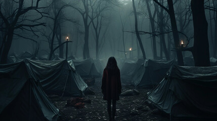 A Young Girl Standing in a Creepy Deserted Campsite