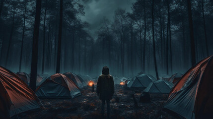A Young Person Standing in a Creepy Deserted Campsite - obrazy, fototapety, plakaty