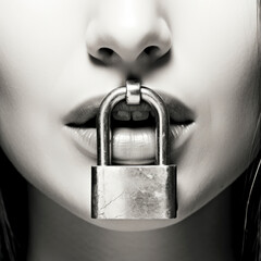 A woman with a lock on her mouth, symbolizing silence and suppression - obrazy, fototapety, plakaty