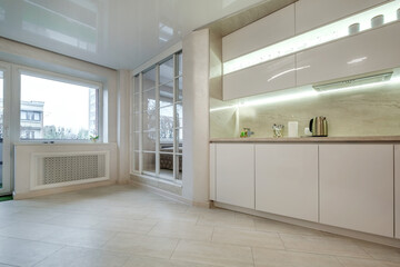 interior of the modern luxure kitchen  in studio apartments with cupboard