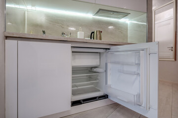 interior of the modern luxure kitchen  in studio apartments with cupboard